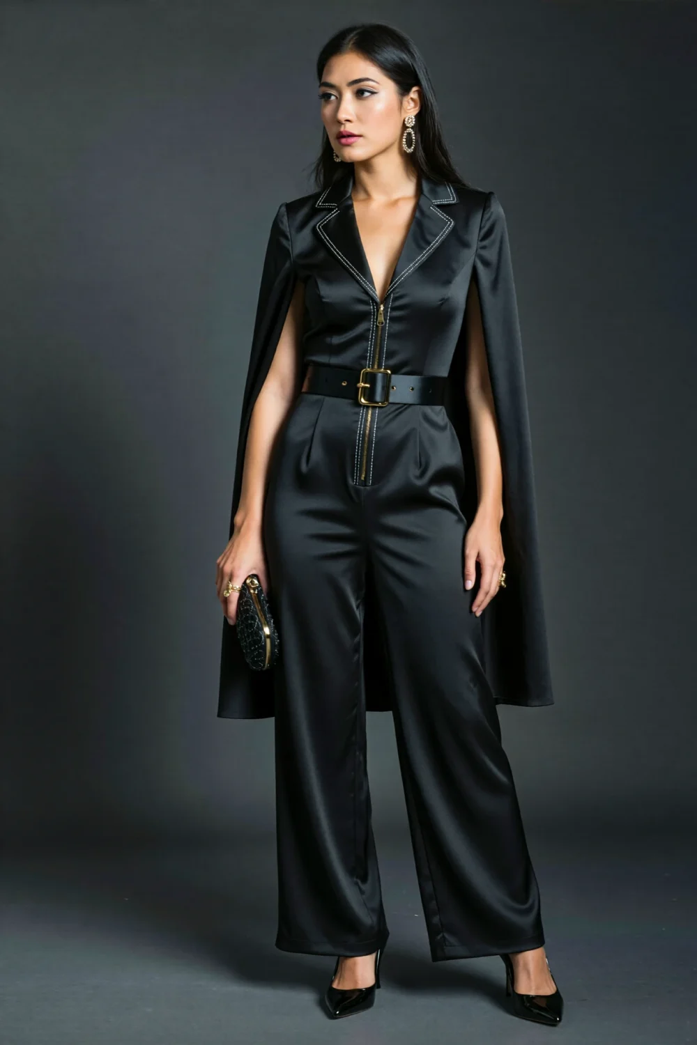 Elegant tailored black evening jumpsuit with cape sleeves, defined waist belt, and streamlined legs for a bold, polished silhouette