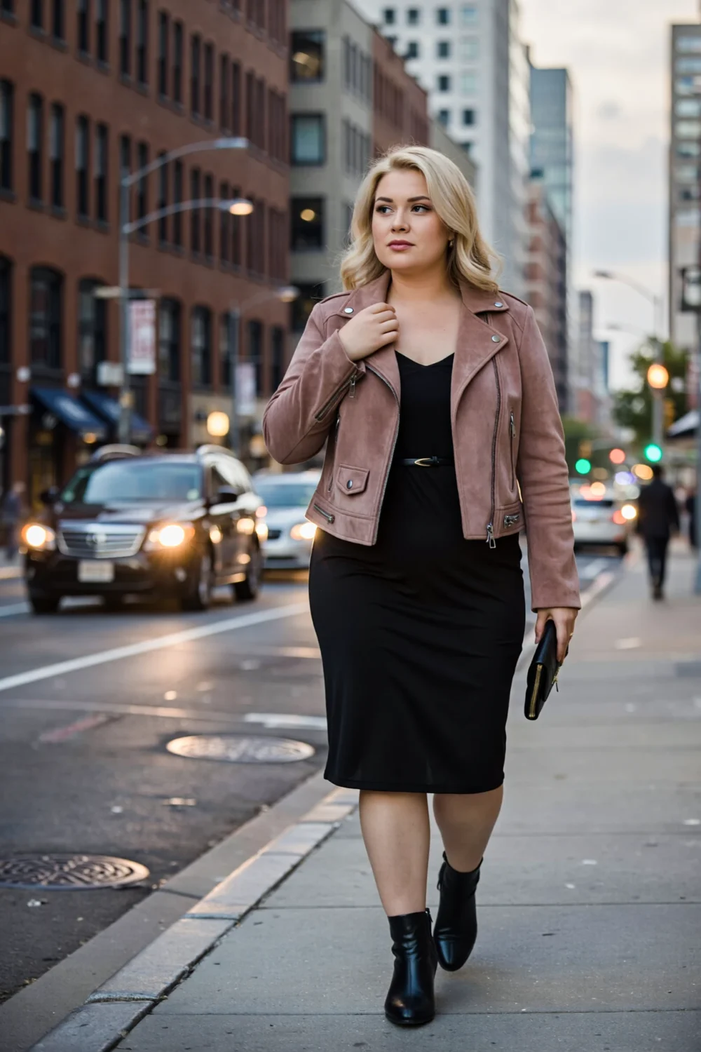 Woman on a city sidewalk in a tailored dusty-rose suede moto jacket over a black cocktail dress, clutch and ankle boots at dusk