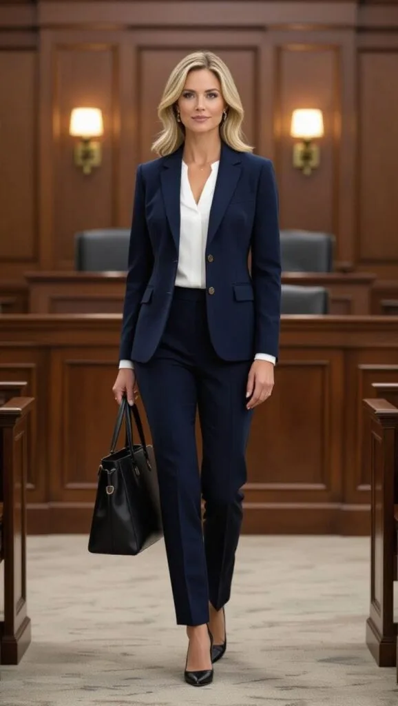 A woman wearing well-fitted navy blazer, paired with matching trousers.