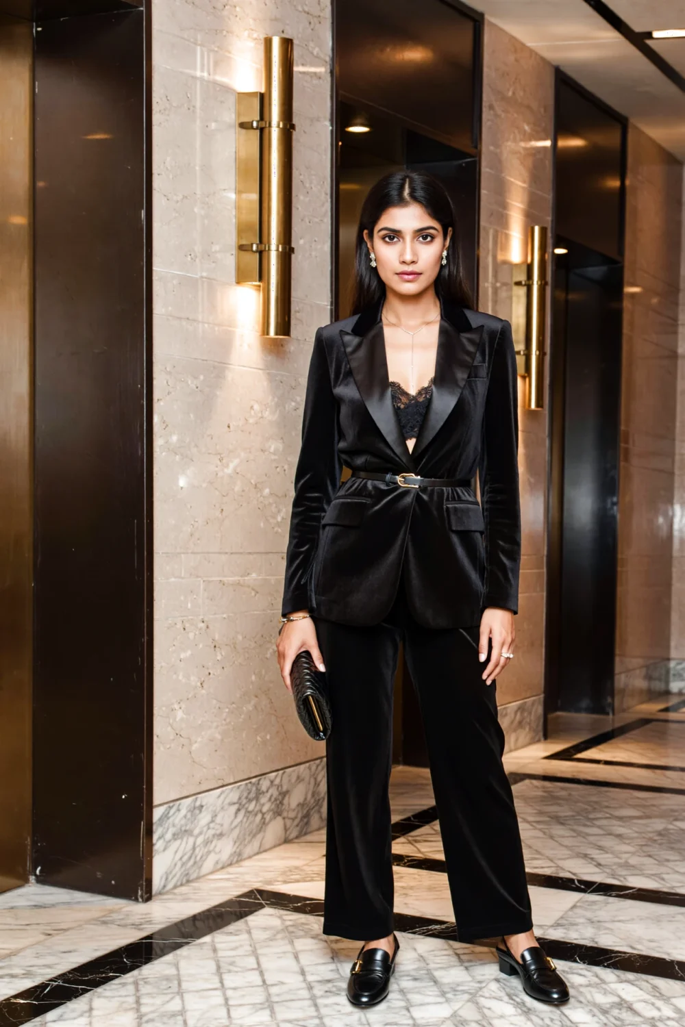 Woman in a tailored black pantsuit with lace cami, slim belt, loafers and clutch, creating sleek modern jazz glamour style.