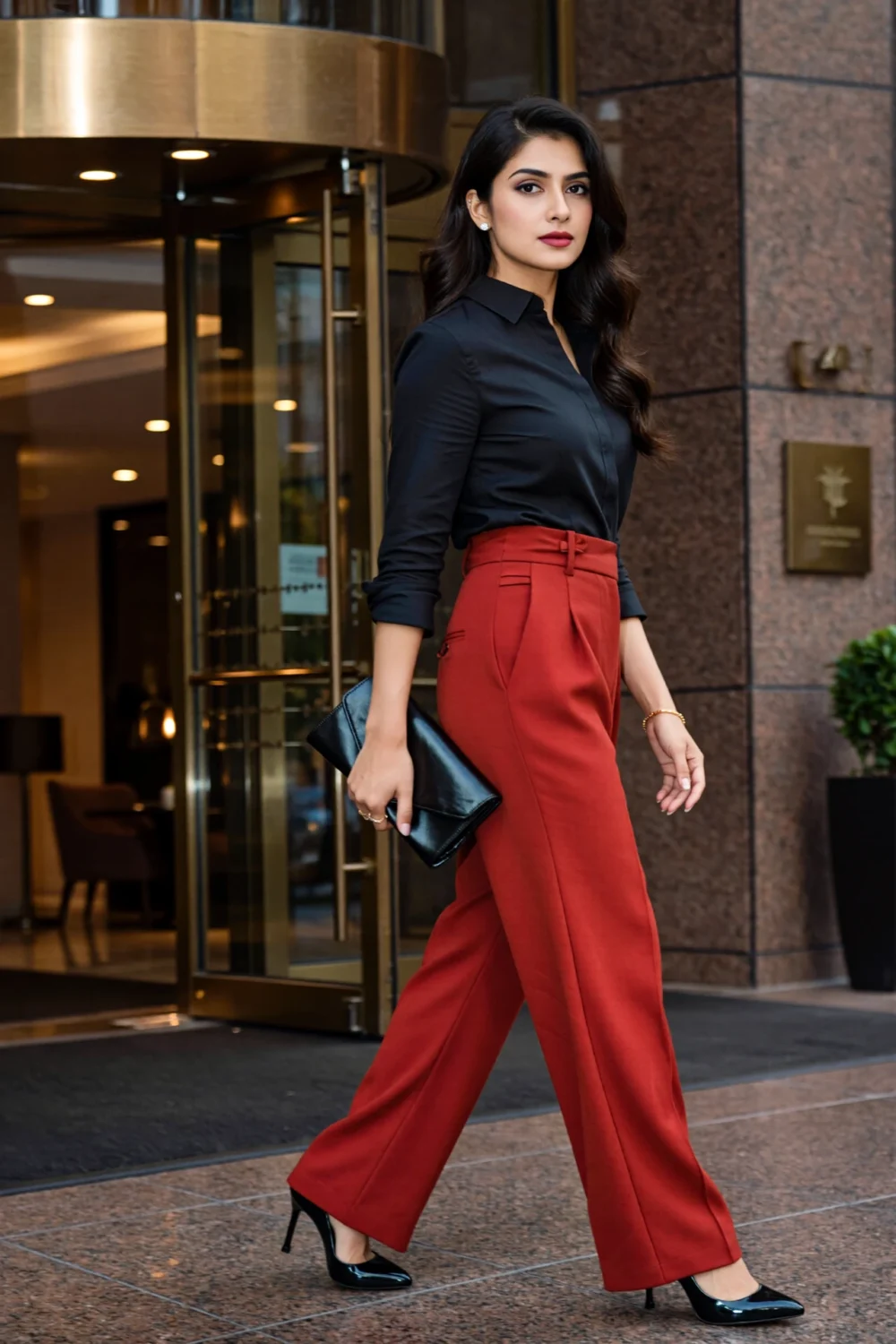 Woman walking out in tailored red wide-leg trousers with a tucked black shirt, carrying a sleek black clutch and pointed heels.
