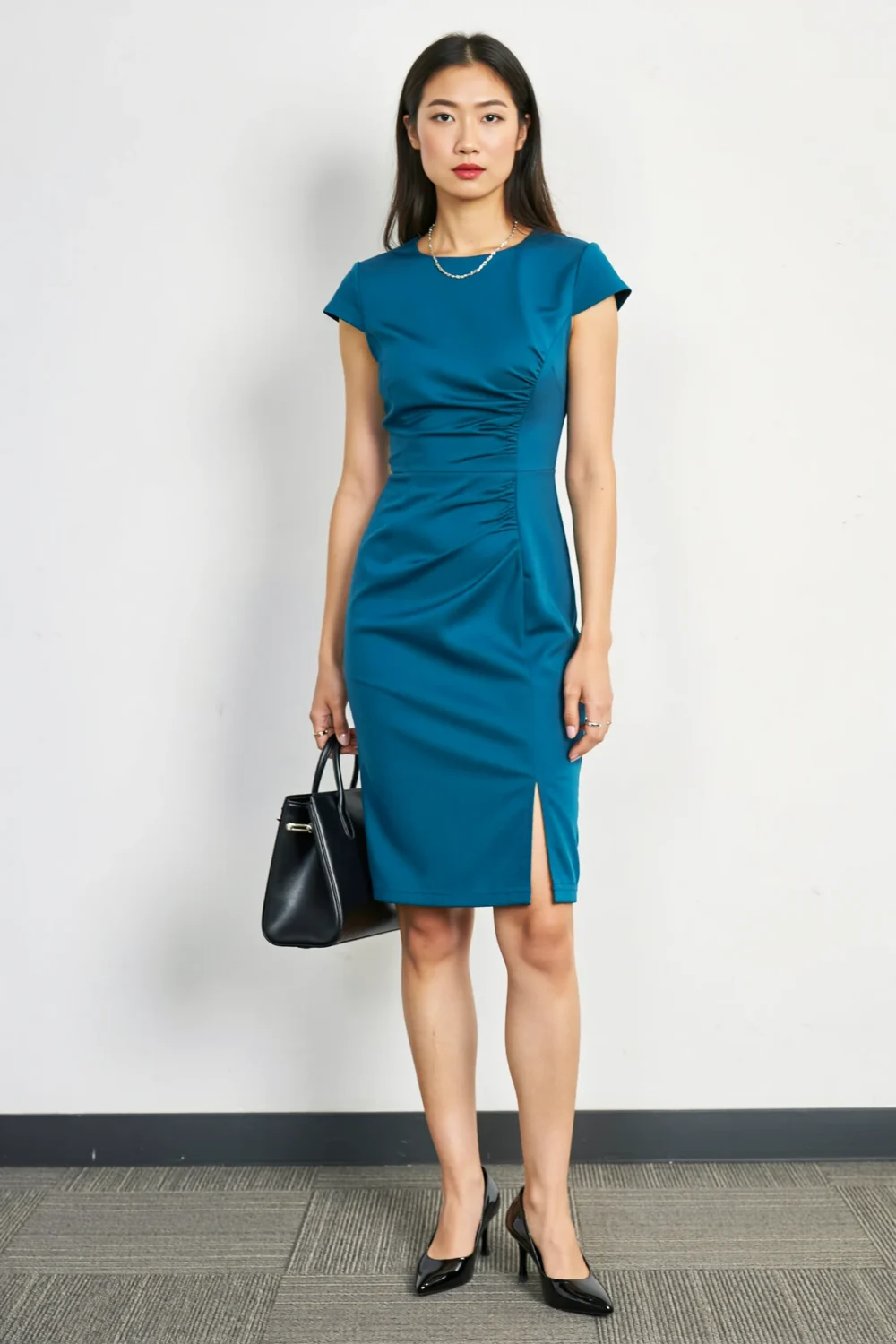 Teal sheath dress with black pointed-toe pumps and structured tote, creating a polished, confident business-ready look.