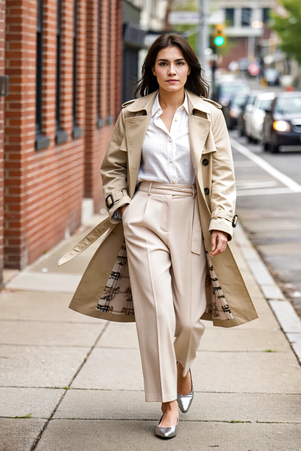 Woman walking on city sidewalk in a light beige trench over a crisp white poplin shirt, sleek tailored trousers and pointed flats.