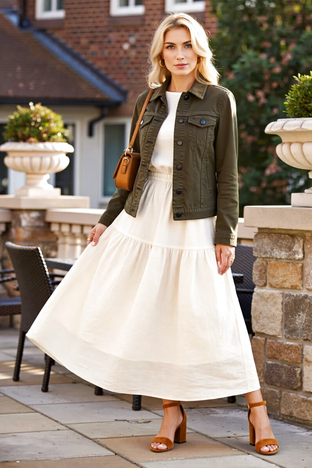 Model in an olive tailored utility jacket with neat seams and subtle hardware over a voluminous cream maxi, creating waist shape.