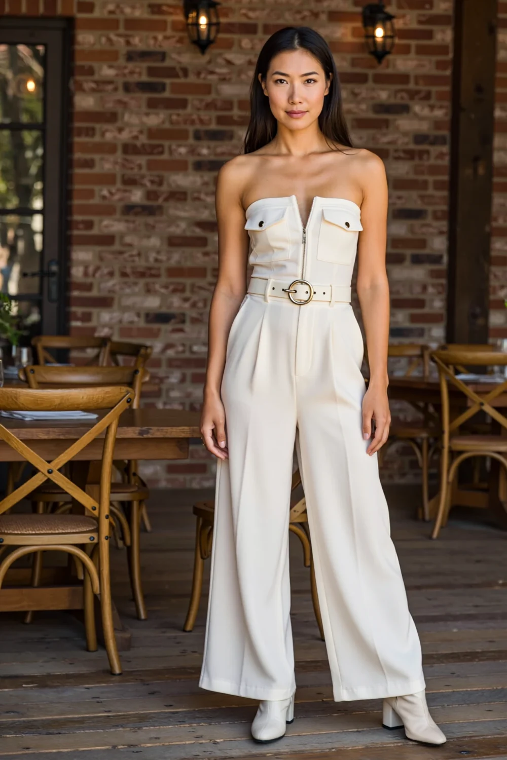 Elegant strapless wide-leg jumpsuit in crepe with sculpted waist belt and tailored trousers, styled for a polished, modern guest look