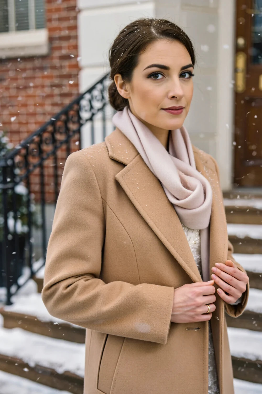 Woman in a camel tailored wool coat and pale scarf posing on snowy steps, coat's structured silhouette elevating her arrival photos