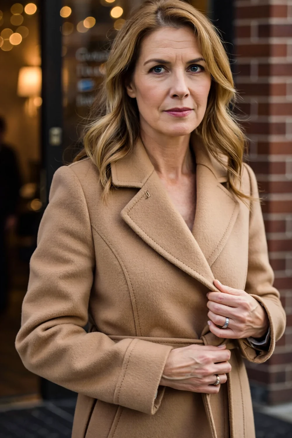 Woman in a tailored camel wool coat, belted at the waist, arriving at a doorway with warm bokeh lights for an elegant entrance.