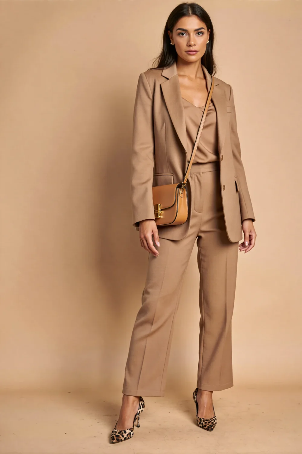 Woman in a tan-beige tailored suit and top with clean silhouette, minimal accessories and leopard print pumps anchoring the look.