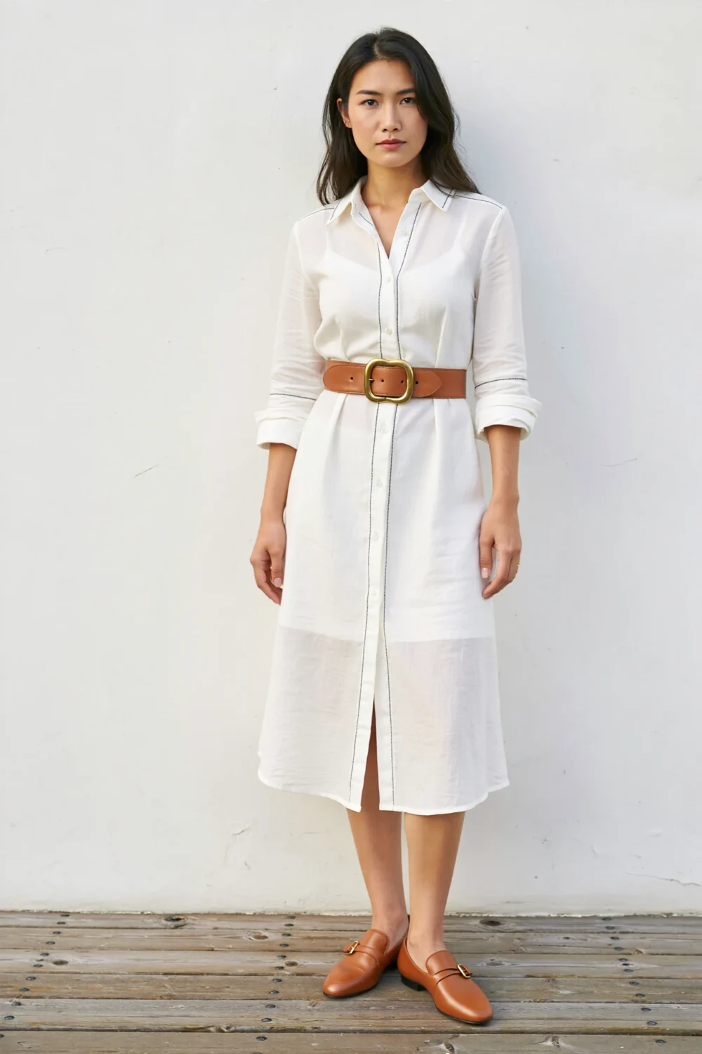 White shirt dress cinched with a tan leather belt, creating a defined waist and polished minimalist look with warm neutral accents