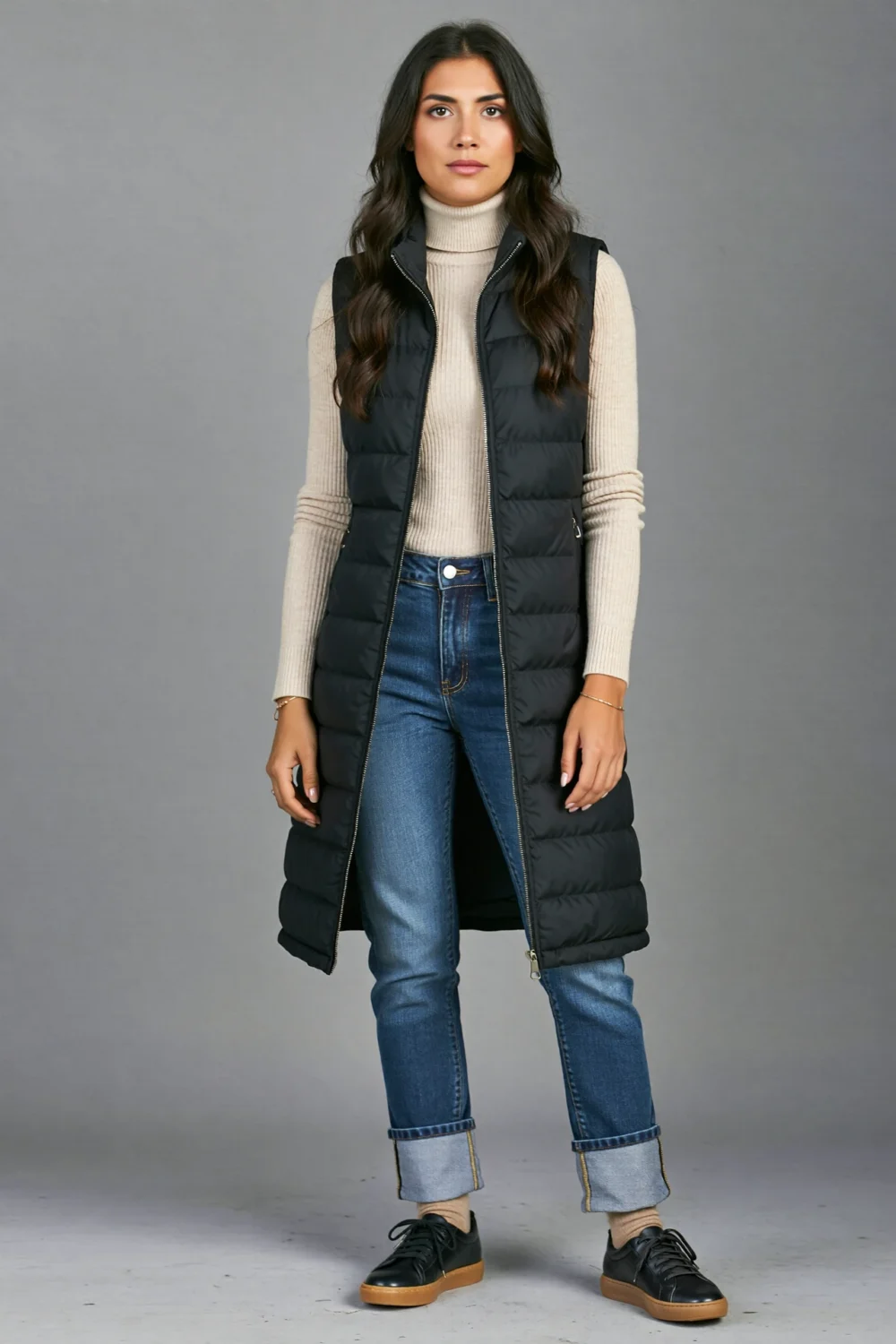 Woman in tapered jeans, mock neck sweater and long black vest with tonal sneakers, creating a sleek, modern layered denim look