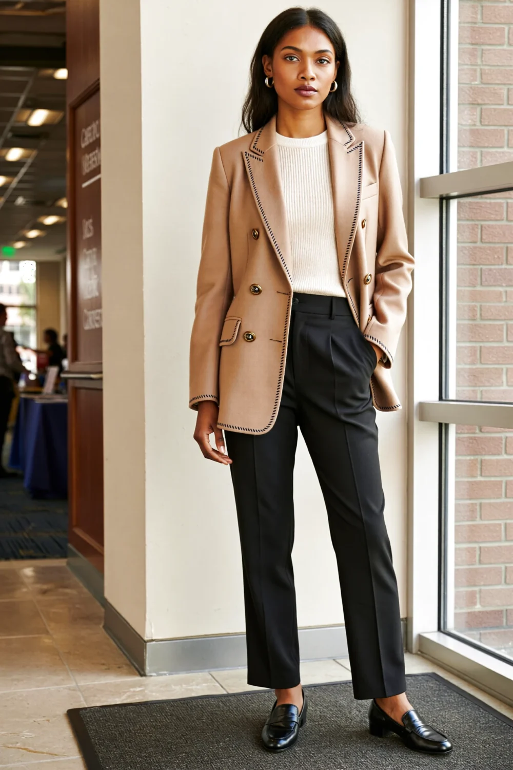 Woman in a warm taupe double-breasted blazer, cream ribbed sweater and black tailored trousers with loafers, smart office outfit