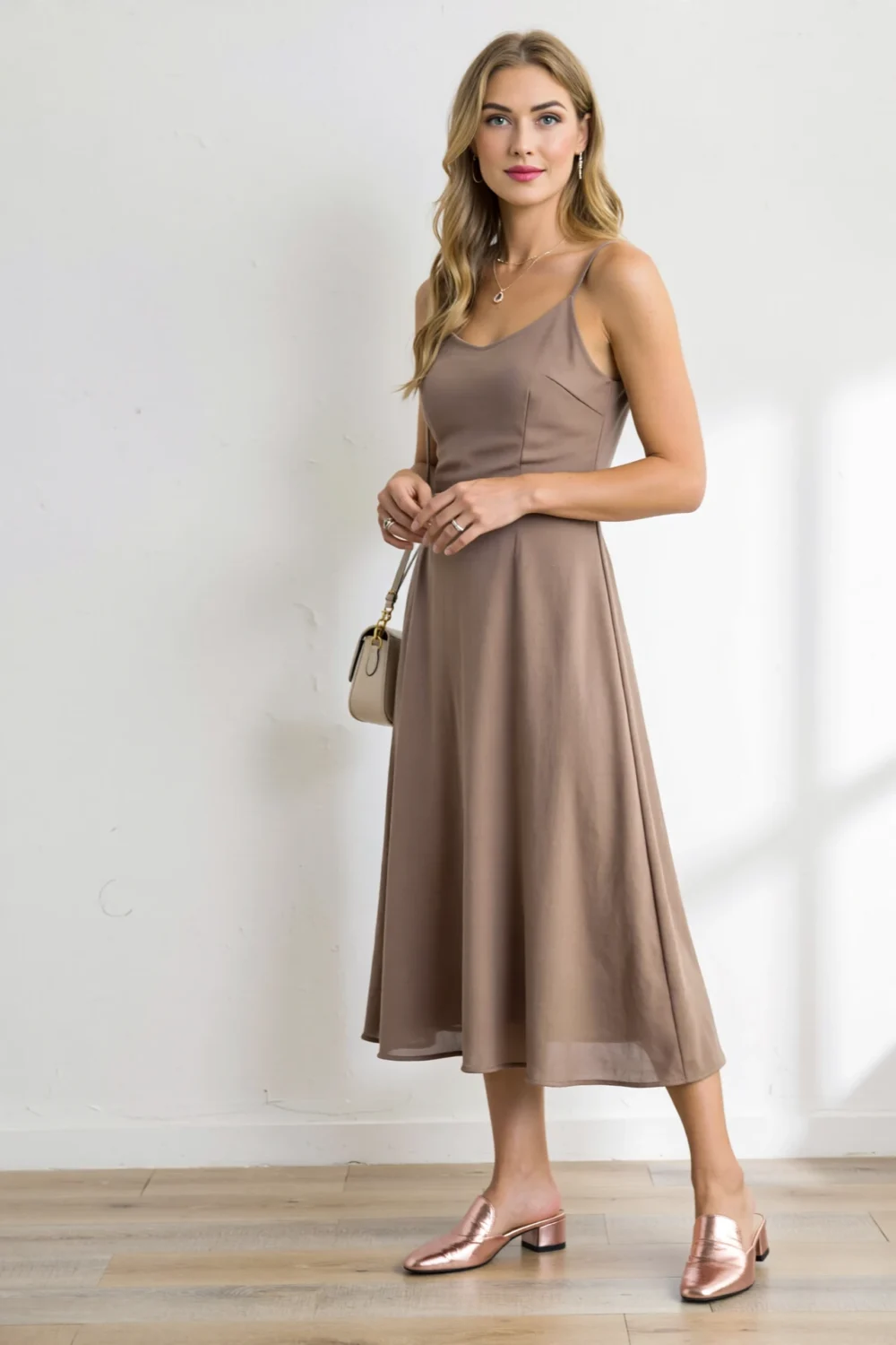 Woman in a taupe midi dress wearing rose gold mules, carrying small beige bag, soft rosy makeup and delicate jewelry for daytime.