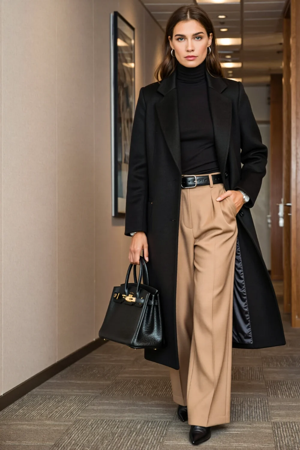 Black turtleneck with longline coat and taupe wide-leg trousers creates a sleek tailored office look, holding a black handbag.