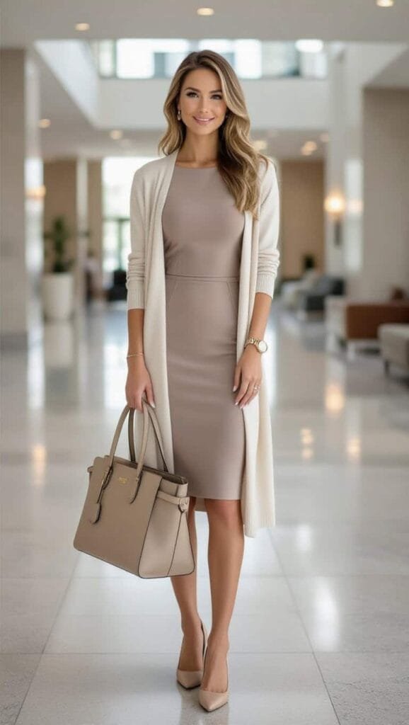 A woman standing in a courthouse hallway, wearing a taupe sheath dress paired with a soft cream cardigan.