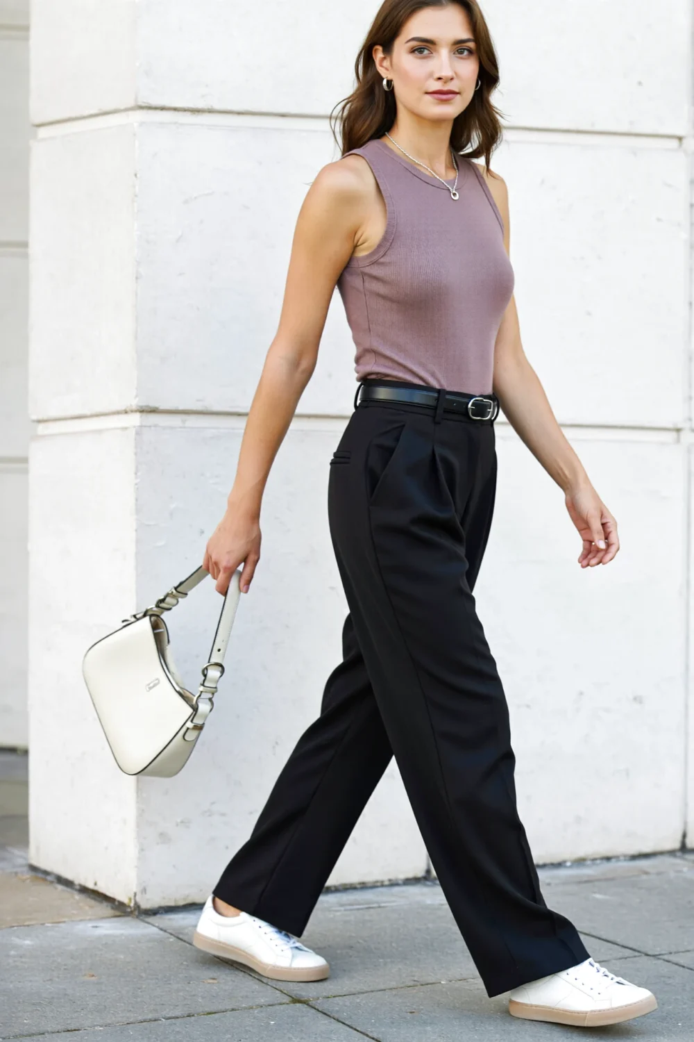 Woman walking in a taupe sleeveless tank tucked into tailored black wide-leg trousers, white sneakers and an off-white shoulder bag