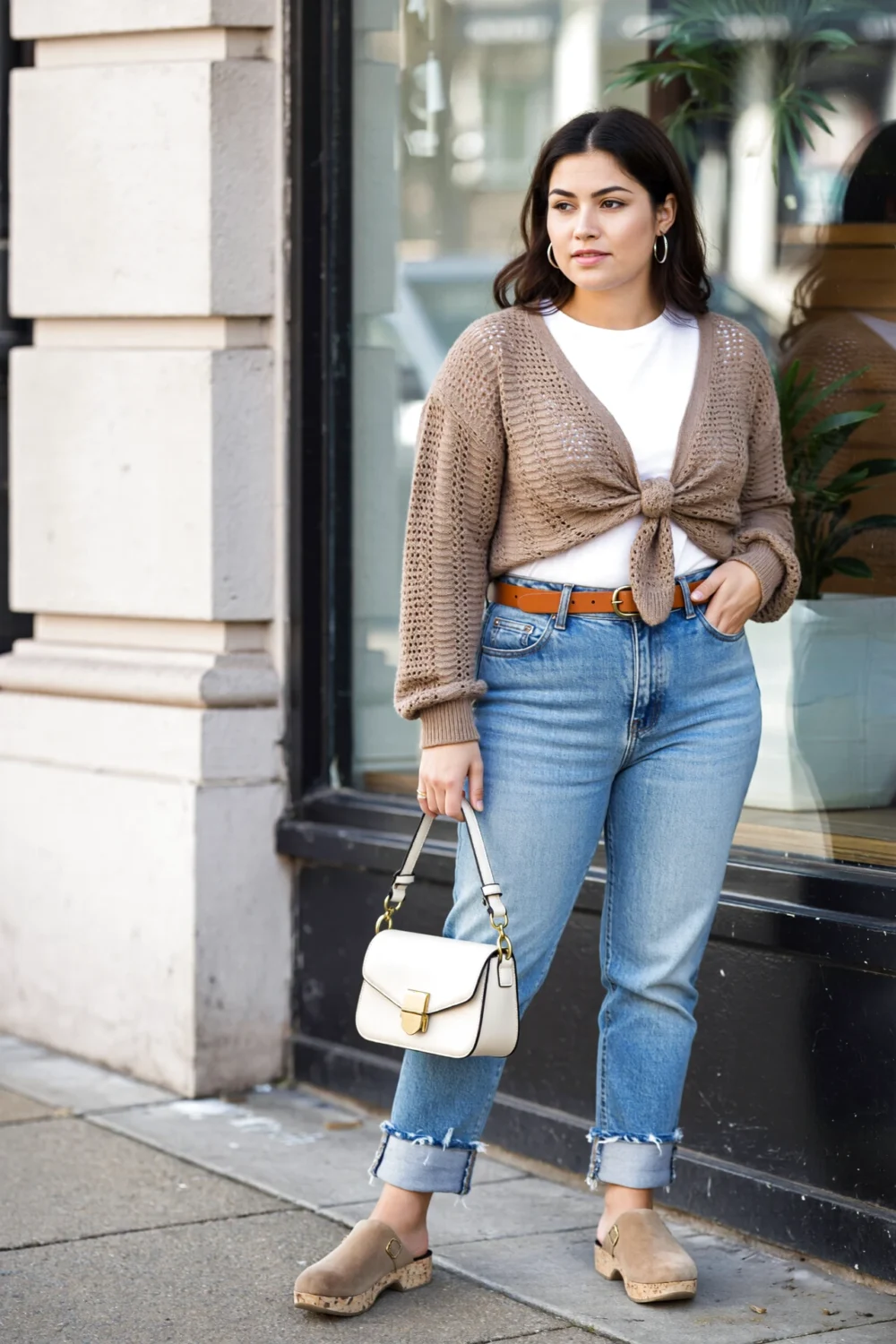 Woman in taupe tie-front cardigan over white tee, light-wash jeans with raw-edge cuffs, suede clogs and a mini top-handle bag.