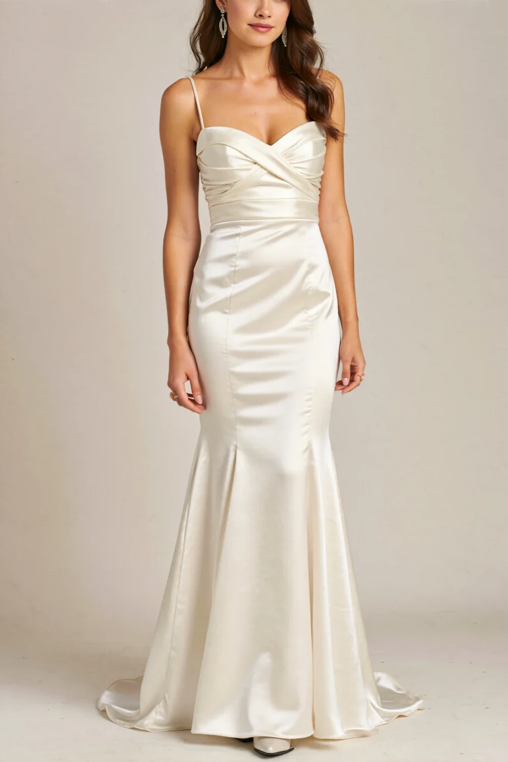 Ivory satin charmeuse midi gown with ruched bodice and slim fit, a sleek elegant choice for fall wedding season and dancing comfort