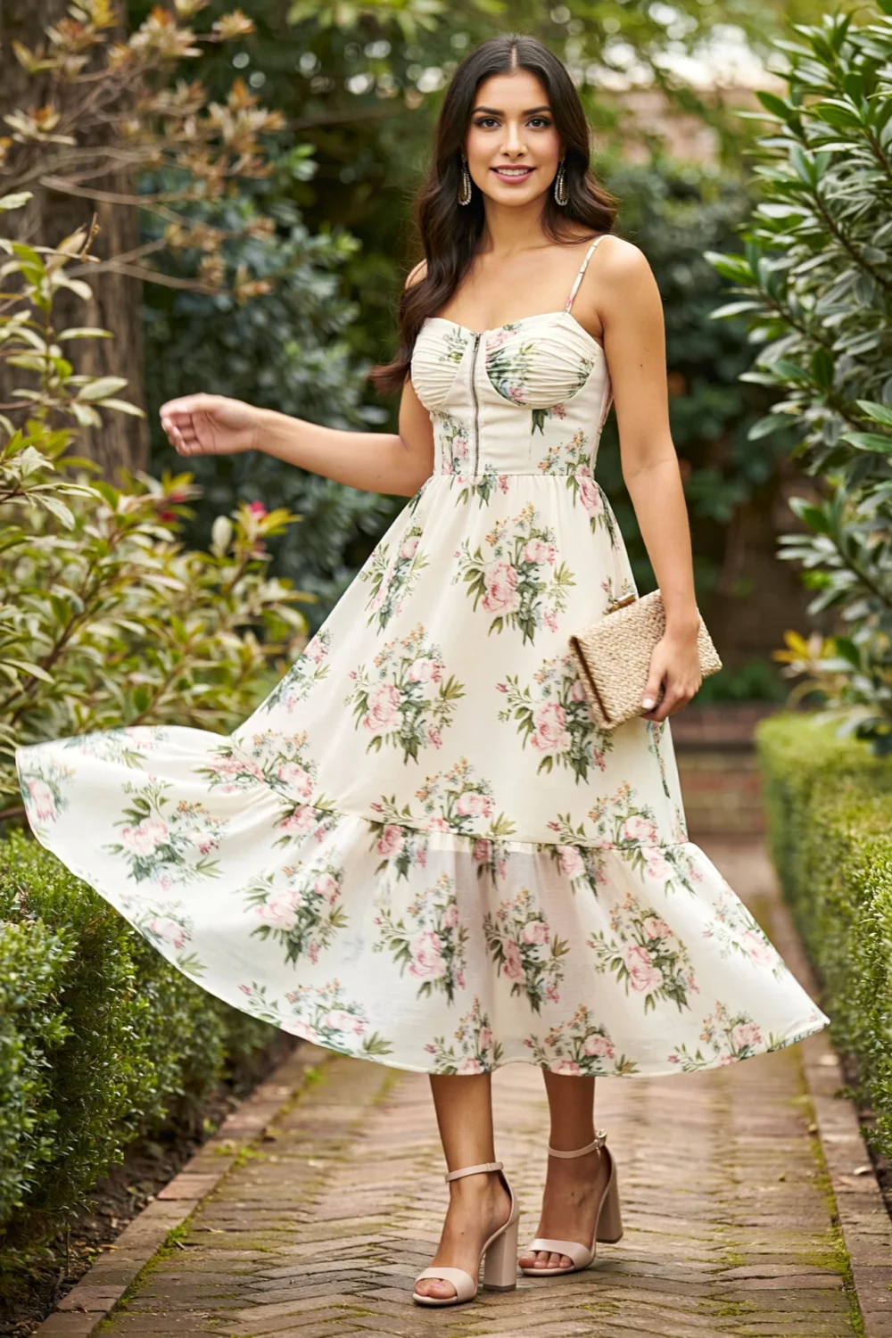 Woman in a tea-length floral wedding guest dress with fitted bodice and swishy skirt, posing in a garden path.