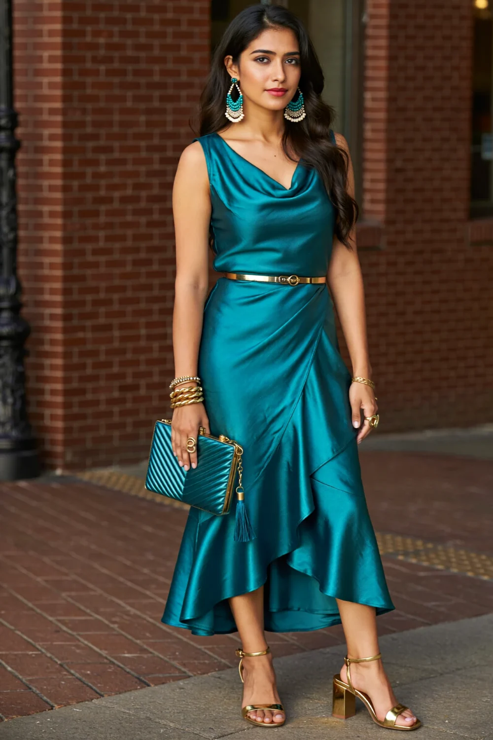 Teal satin midi dress with draped cowl neck, gold belt, beaded fringe earrings, clutch, and ankle-strap sandals for festive elegance