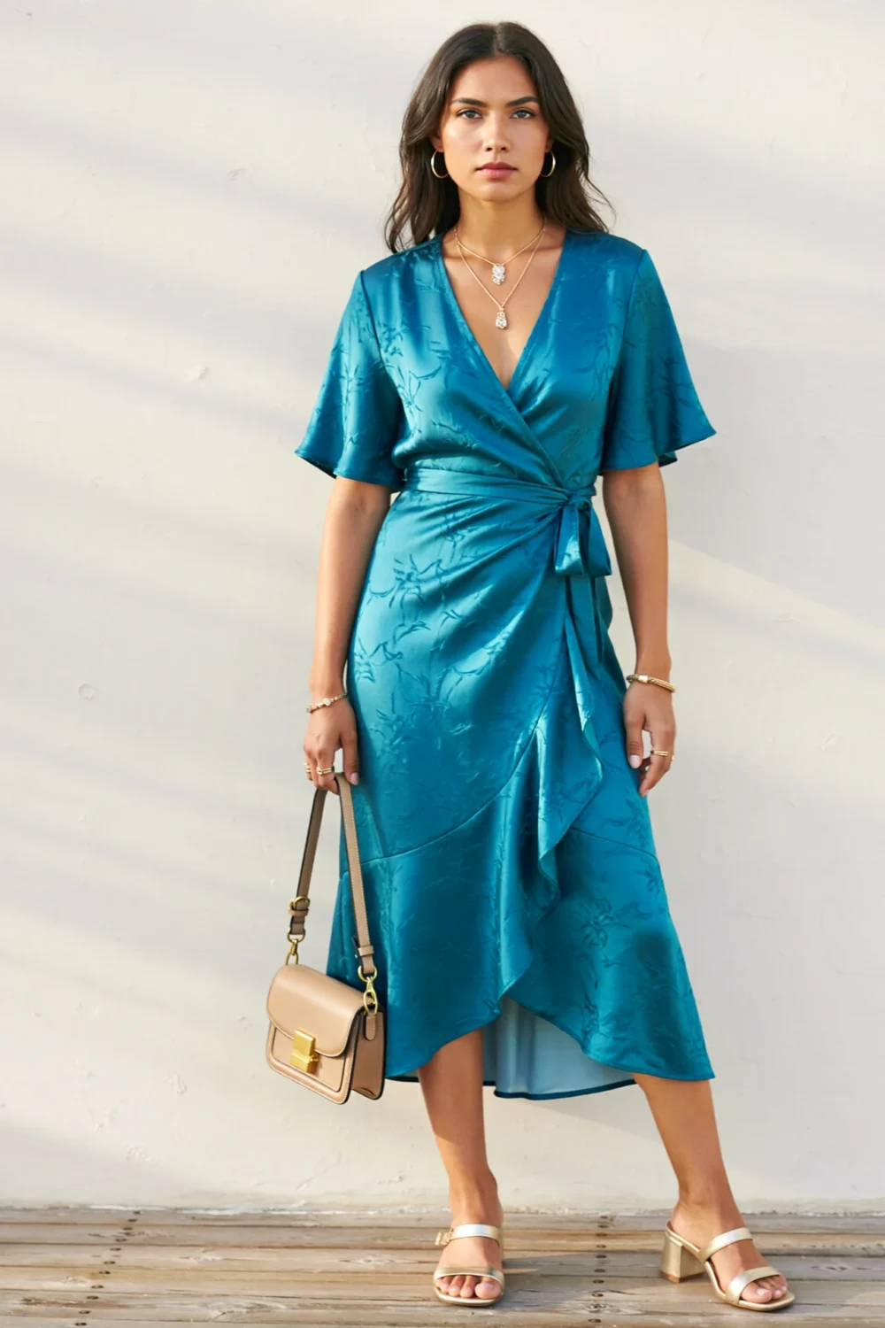 Woman in ocean-teal faux-wrap midi dress with V-neck, flutter sleeves, tie waist, beige sandals, micro crossbody, and layered necklaces