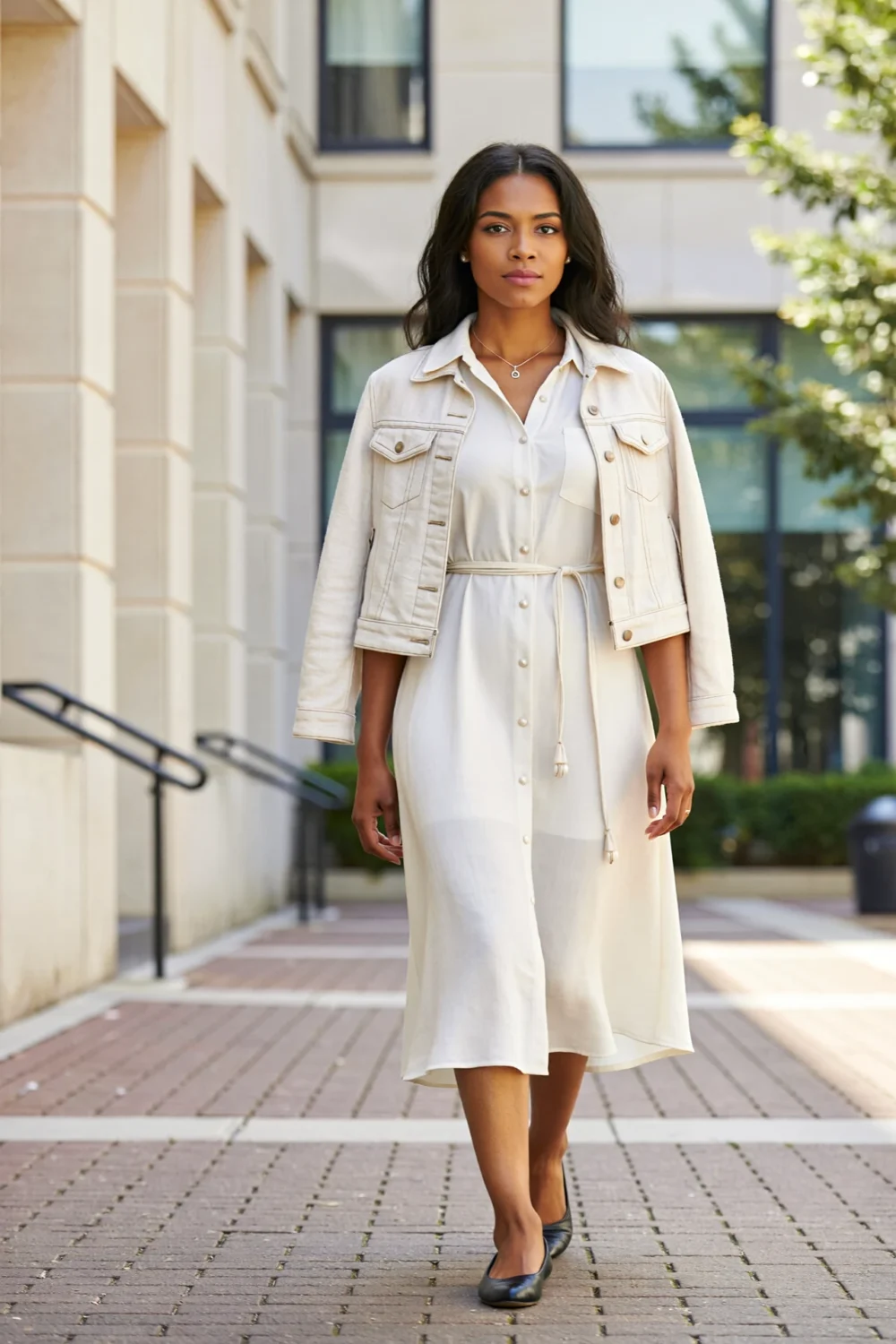 Woman in a belted Tencel shirt dress and cropped jacket, walking in sleek flats for a polished, interview-ready look outdoors