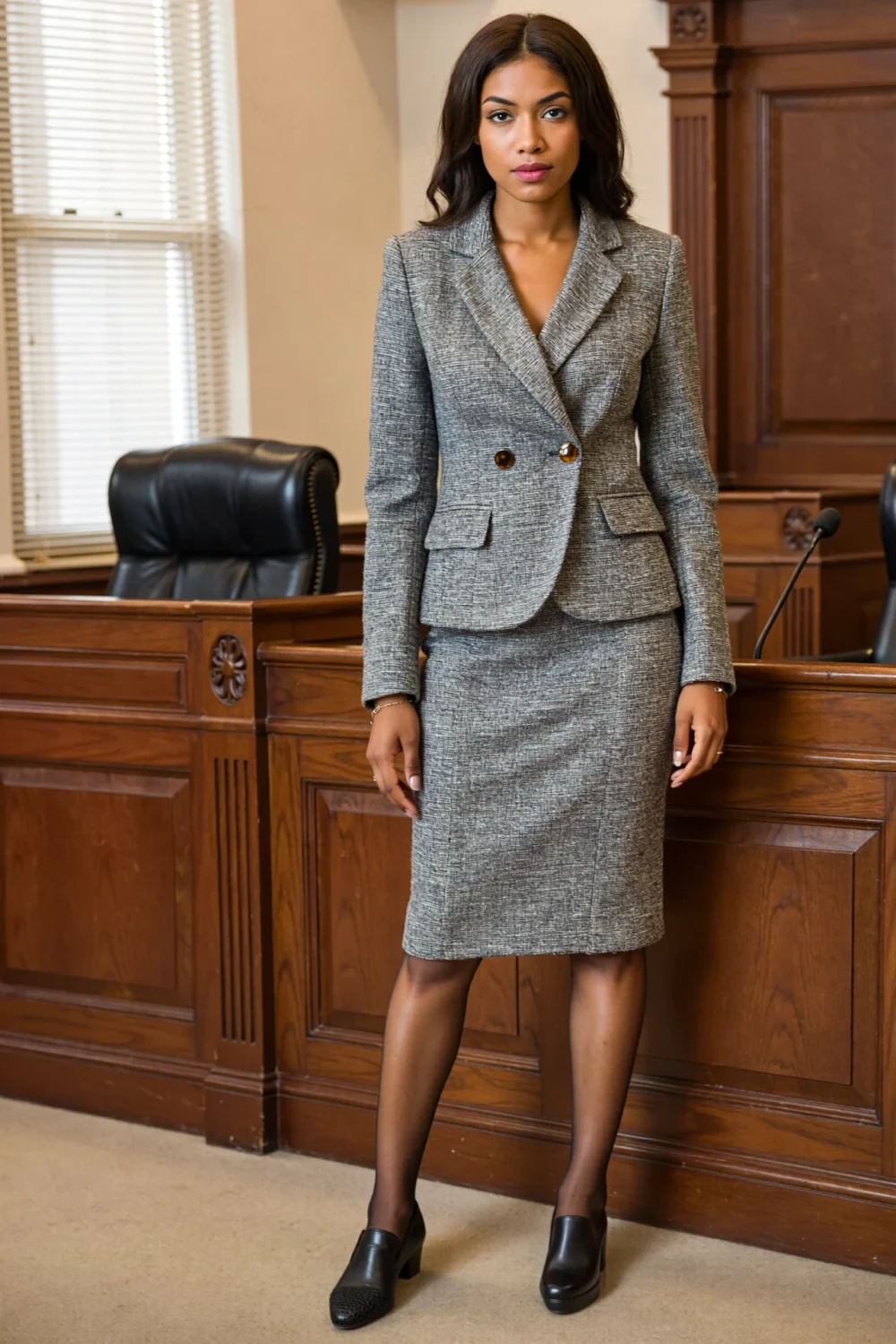 Tailored gray skirt suit with knee-skimming hem and sculpted fit, perfect for formal daytime settings in a courtroom setting