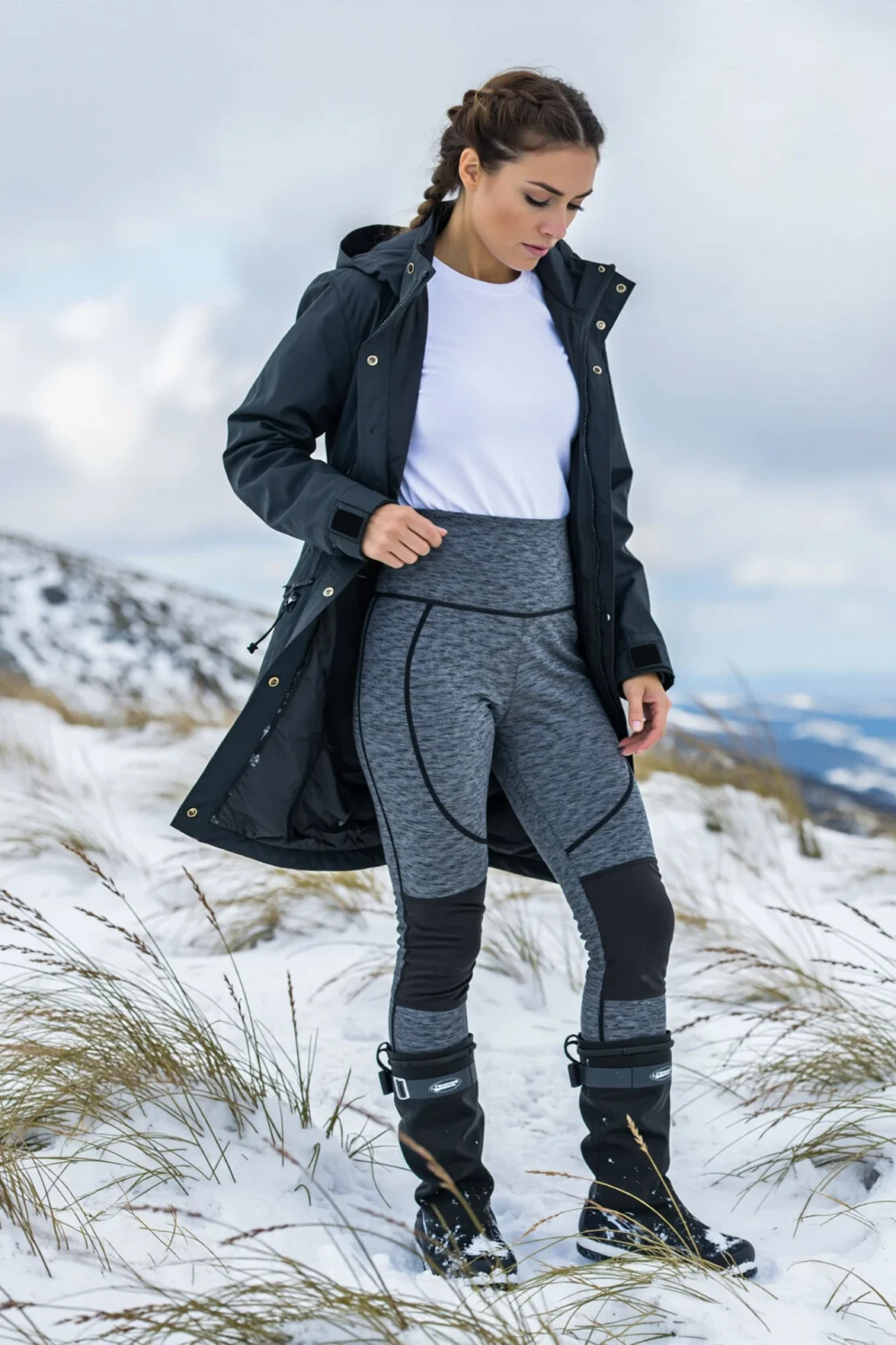 Woman in snowy dunes wearing thermal leggings with front-thigh wind panels, wide waistband, paired with gaiters, boots and parka