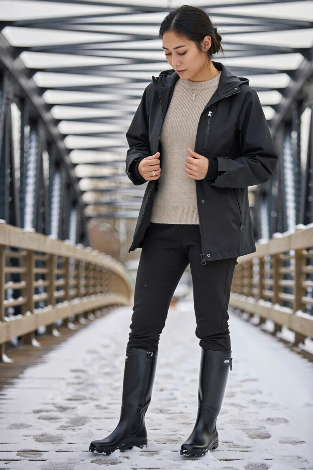 Woman on snowy bridge wearing a thin beige merino sweater under a black waterproof shell, slim pants and tall boots city-to-trail.