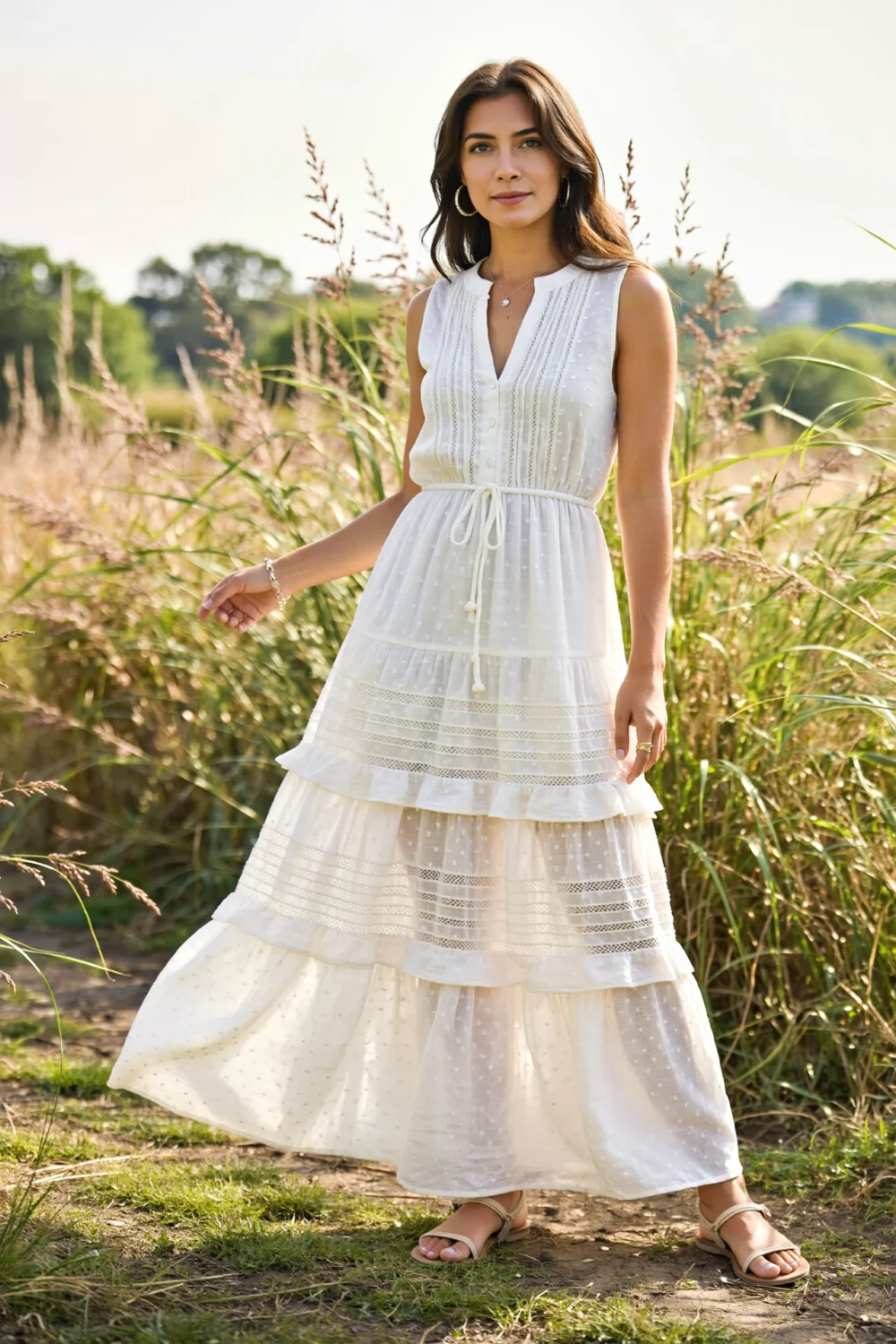 Romantic prairie-inspired tiered maxi dress with embroidery and drawstring waist, styled in a sunlit field for airy wedding-day charm