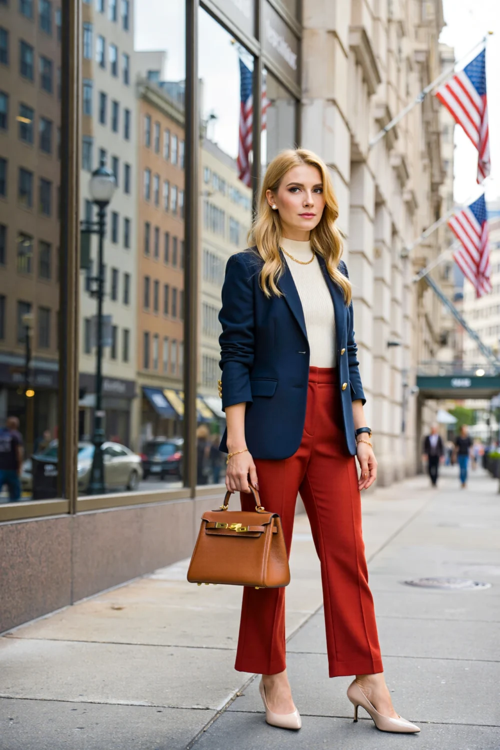 Blonde woman in a navy blazer, ivory knit top, and crimson trousers, carrying a tan handbag on a city street with American flags.