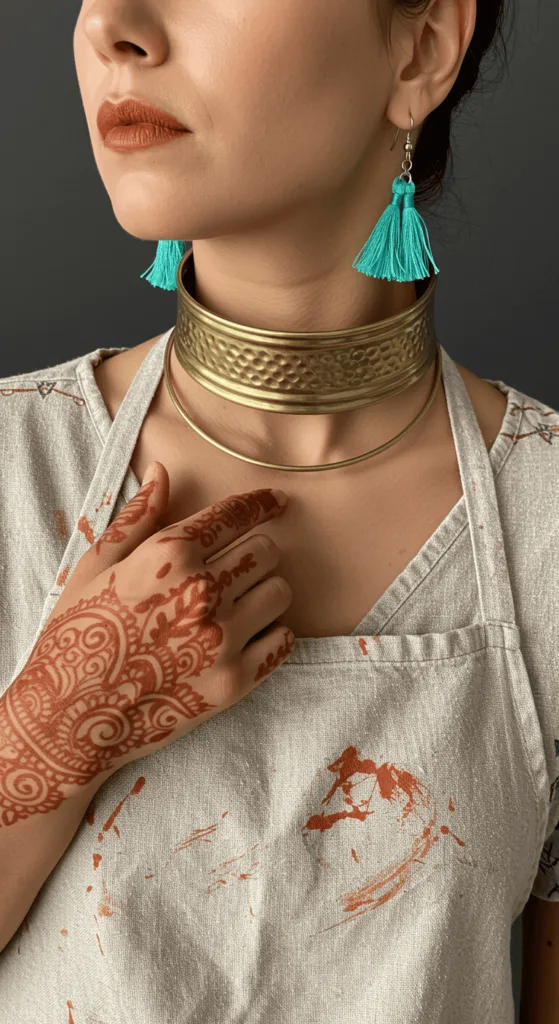 A woman wearing turquoise tassel earrings and a hammered bronze necklace while crafting pottery.