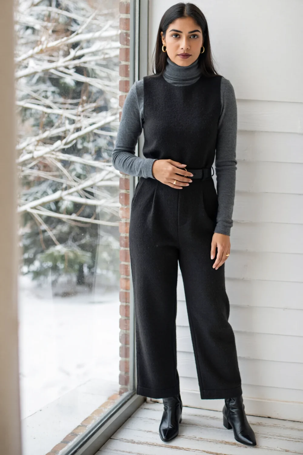 Woman wearing a grey turtleneck tucked under a sleeveless black belted jumpsuit, creating a sleek elongated winter silhouette.