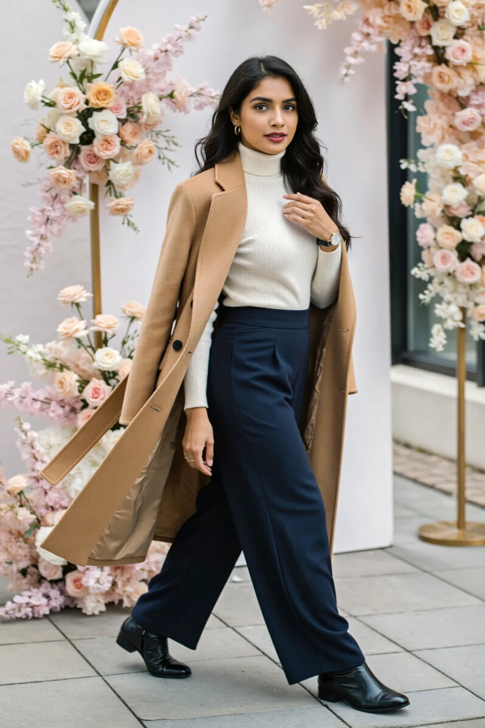 Woman in a cream fitted turtleneck tucked into high-waisted navy wide-leg pants, camel long coat and loafers, floral backdrop.