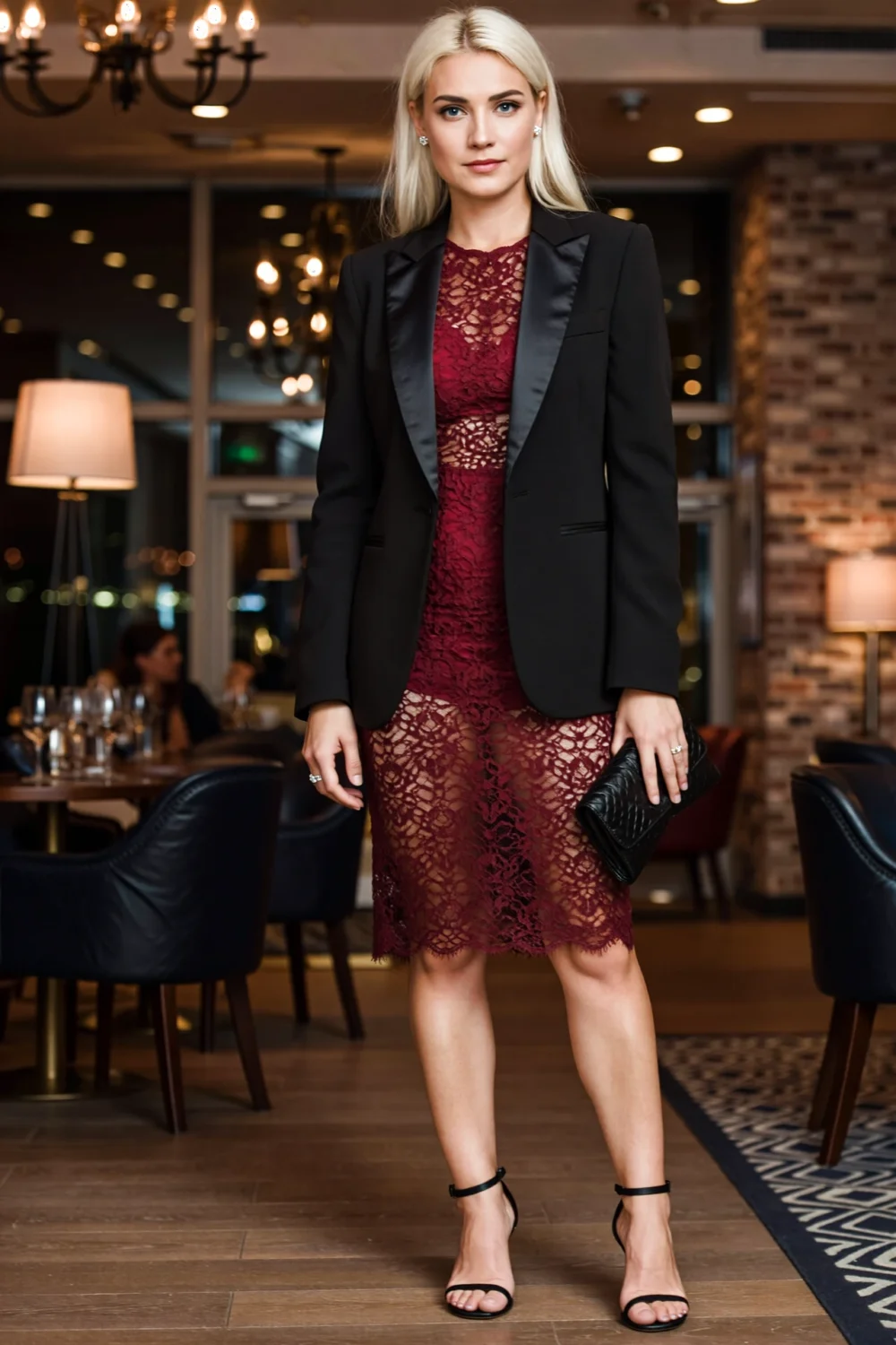 Woman wears a black tuxedo blazer with satin lapels over a burgundy lace cocktail dress, holding a black clutch in a restaurant.