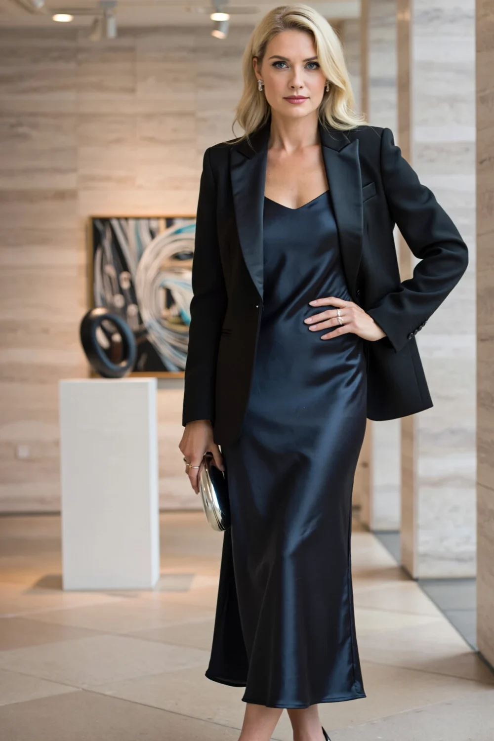 Woman wearing black tuxedo blazer with satin lapels over a sleek inky satin slip gown, holding a silver clutch in a gallery space