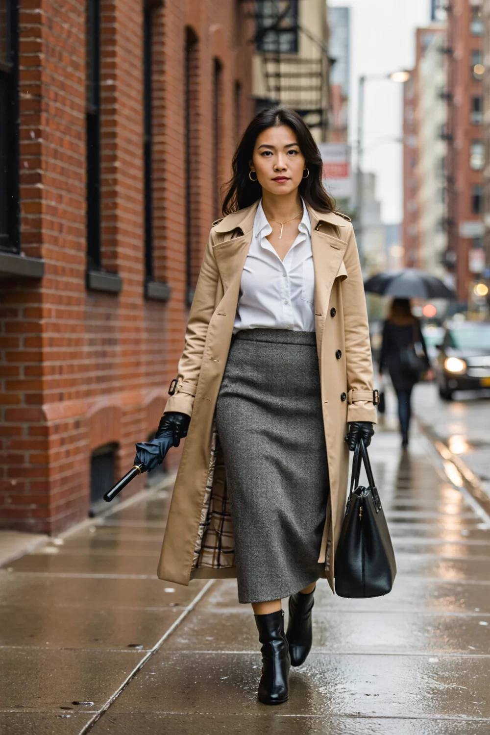 Woman walks on rainy street in beige trench, white poplin shirt, grey tweed maxi skirt, leather gloves, black ankle boots and bag