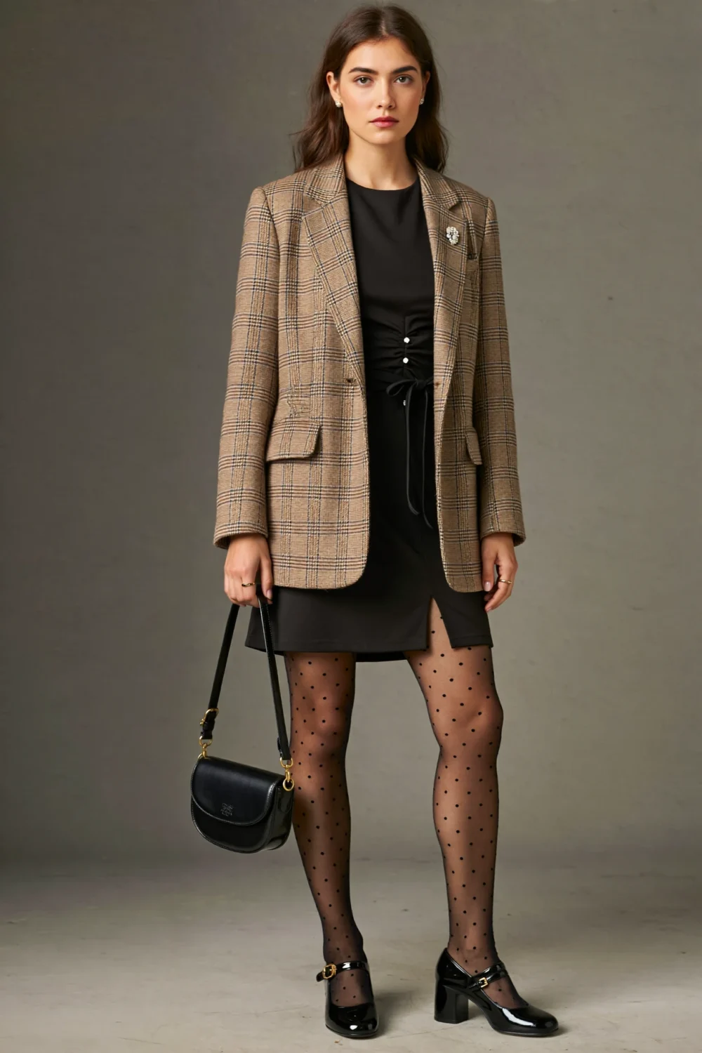 Black mini shift dress with taupe houndstooth blazer, micro-dot tights, and Mary Janes, styled with a brooch and handbag.