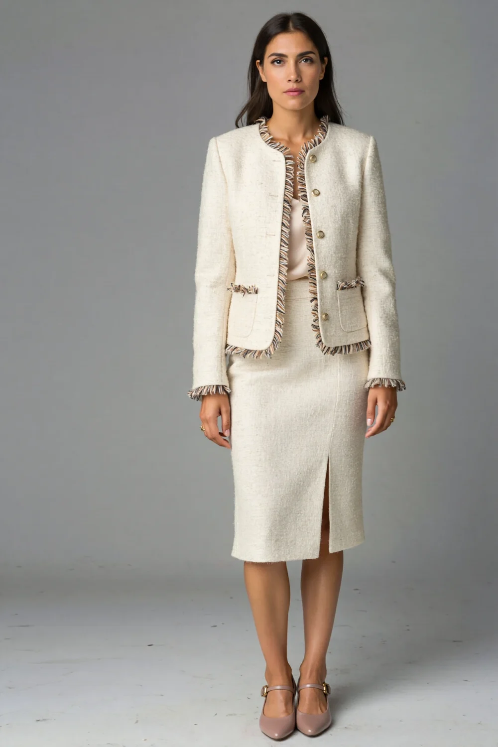 Elegant cream bouclé co-ord with collarless jacket and midi skirt, brass buttons and fringe trim, polished ceremony-ready look