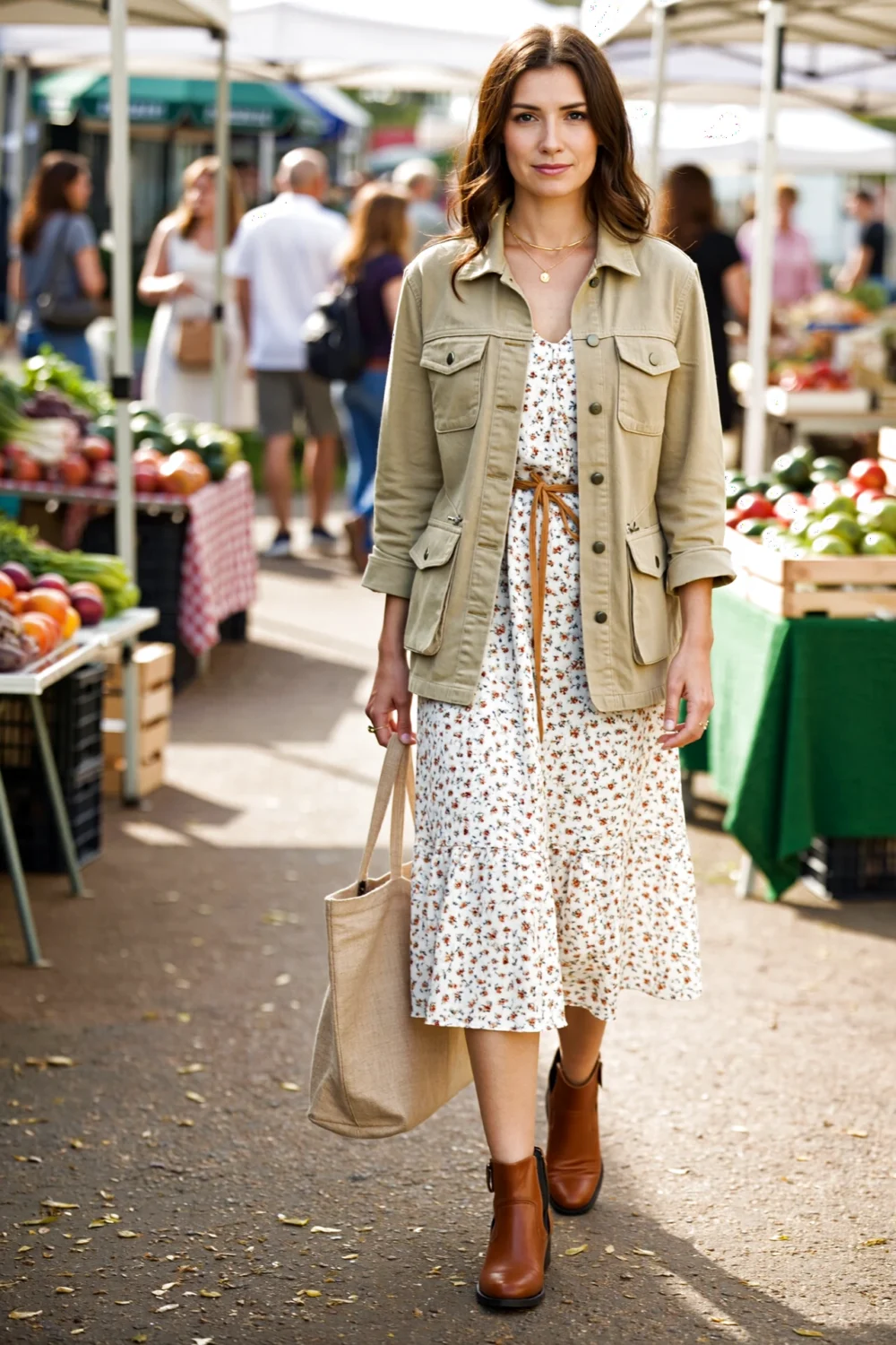 Woman at outdoor market wears a beige utility jacket with cargo pockets over a floral midi sundress, tan ankle boots and tote.
