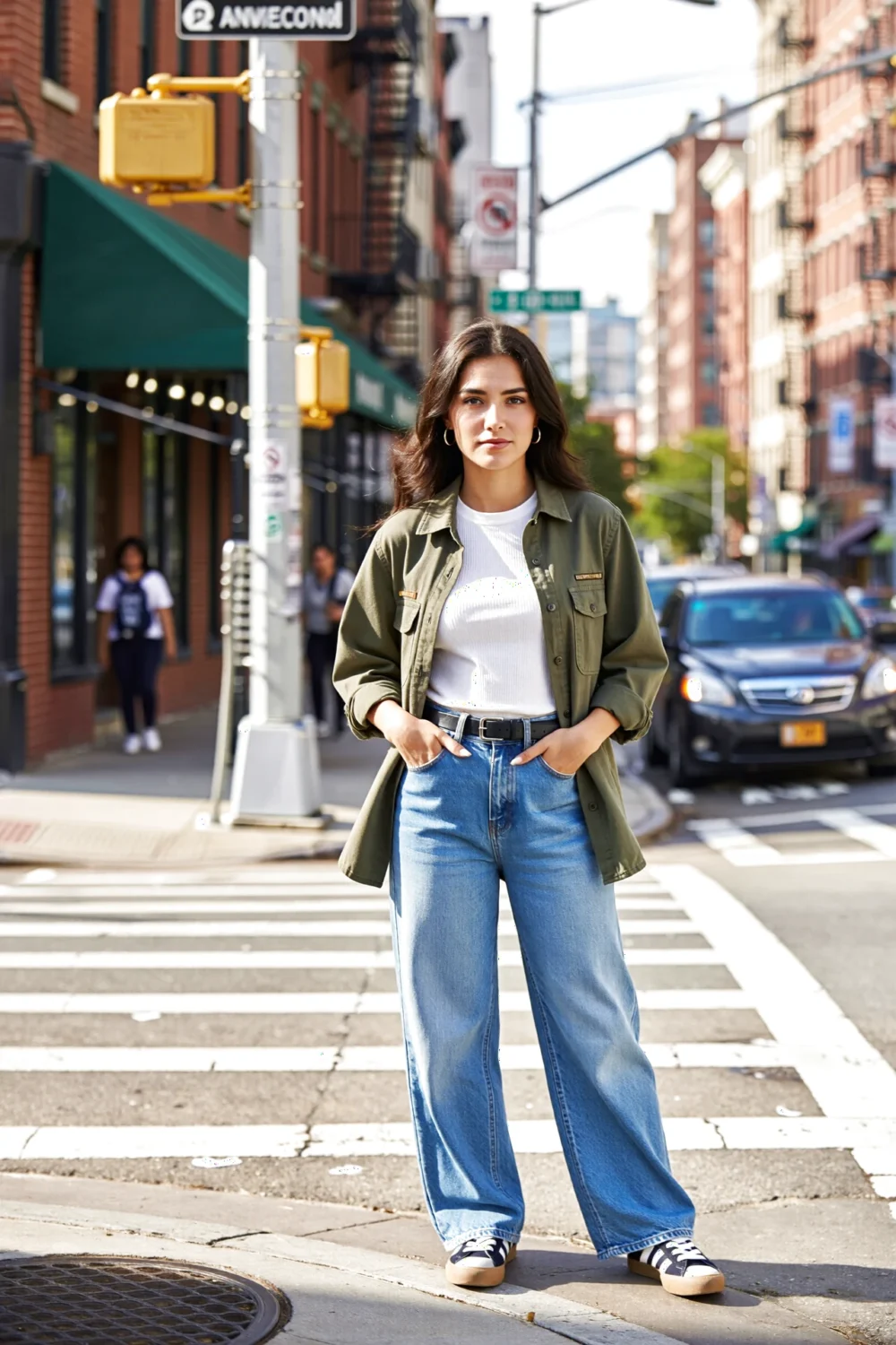 Woman at city crosswalk wearing an olive utility shacket over a white ribbed tee, wide-leg light blue jeans, belt and sneakers.
