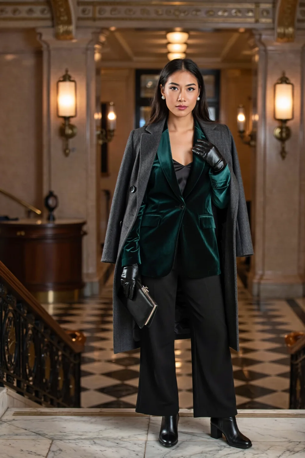 Woman in emerald velvet blazer and silk cami with wide leg black trousers, tailored grey coat draped, pearls, gloves, heeled boots