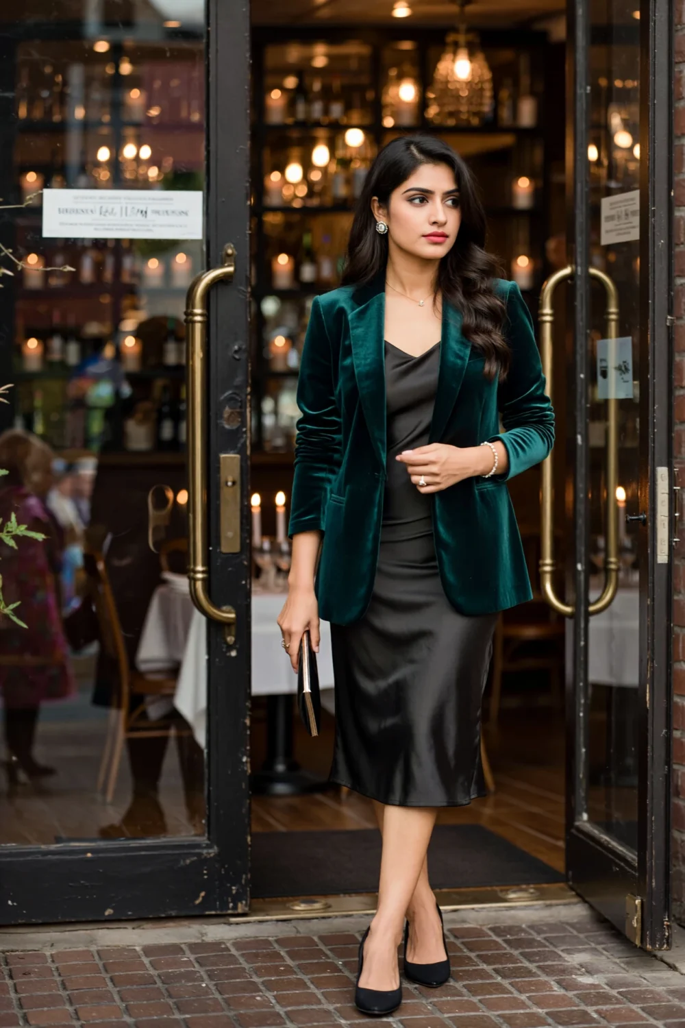 Woman exiting a restaurant in an emerald velvet blazer over a black satin slip dress, clutch in hand, soft evening lights aglow.