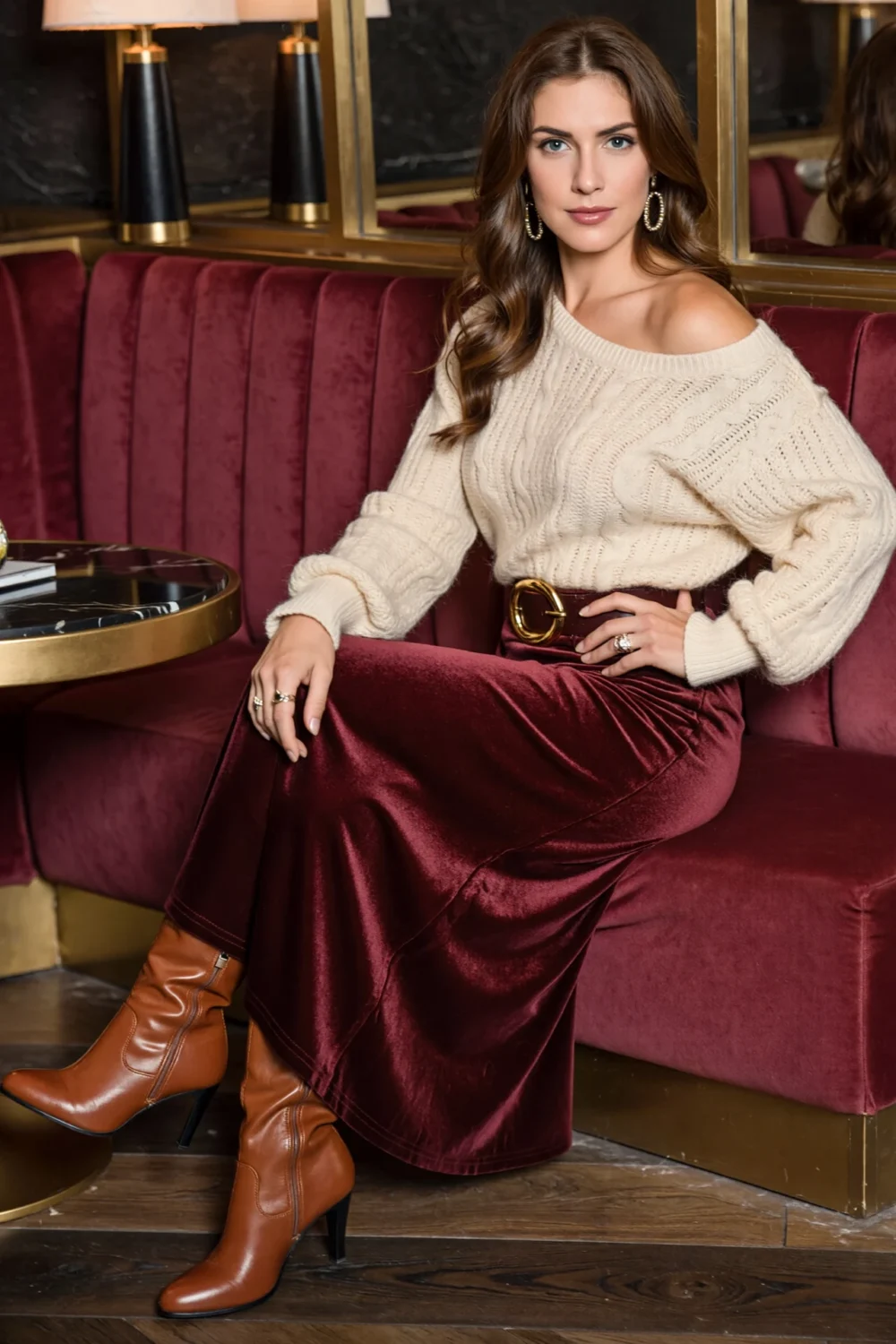 Woman seated on a burgundy banquette wearing a cream off-shoulder knit, burgundy velvet maxi skirt, metallic belt, brown heeled boots
