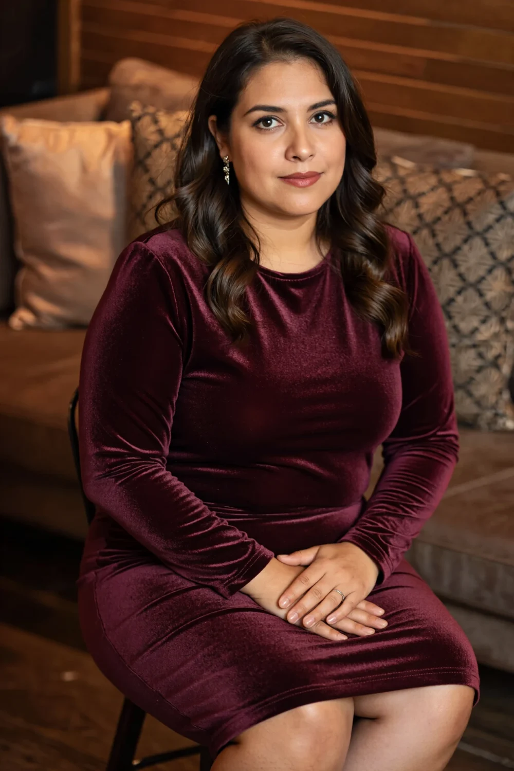 Seated woman in a deep plum velvet midi dress gently hugging curves, evoking cozy holiday-ready jewel-toned luxurious elegance.