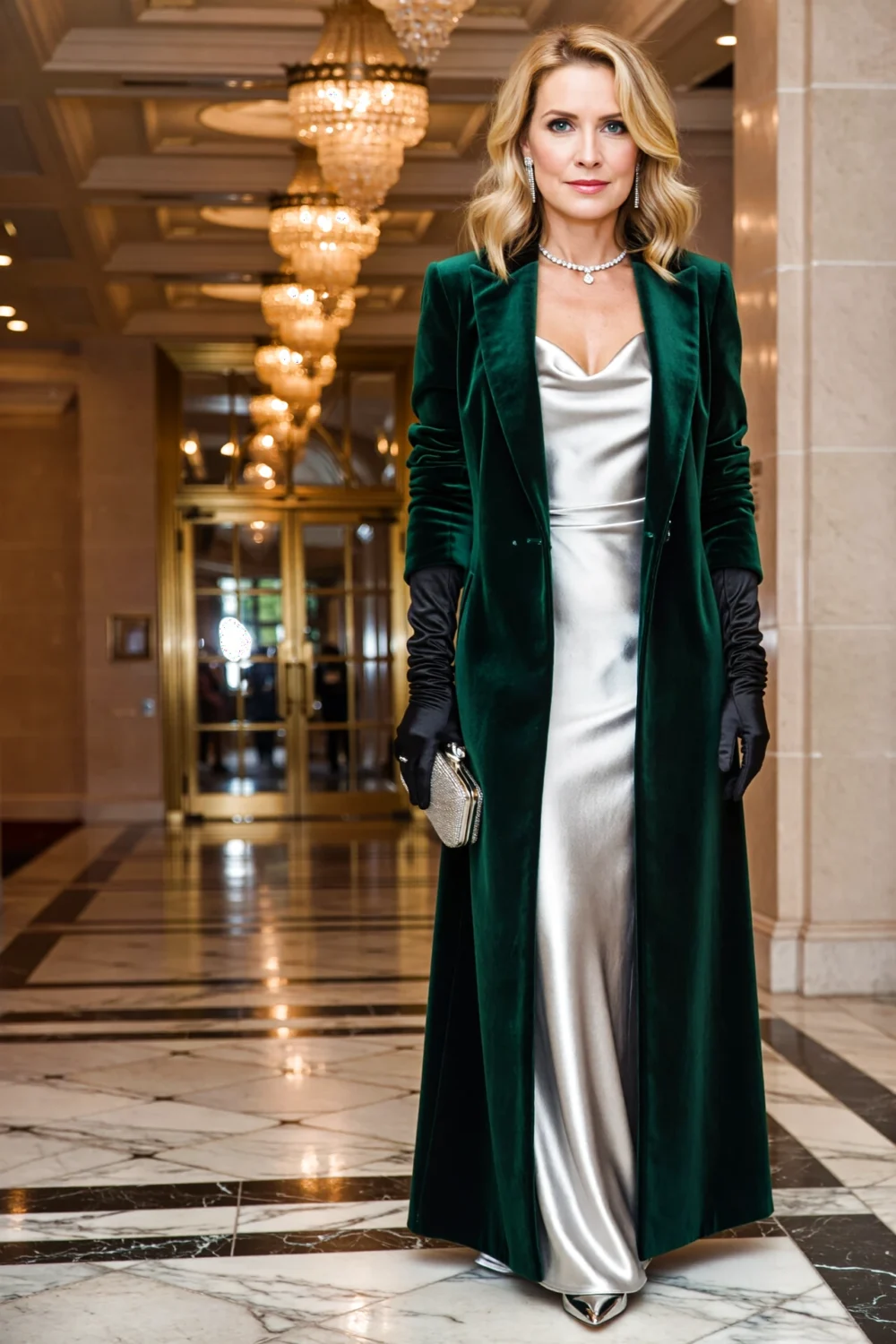 Woman in emerald velvet opera coat over a silver silky evening gown, black opera gloves and clutch in a chandeliered marble lobby.