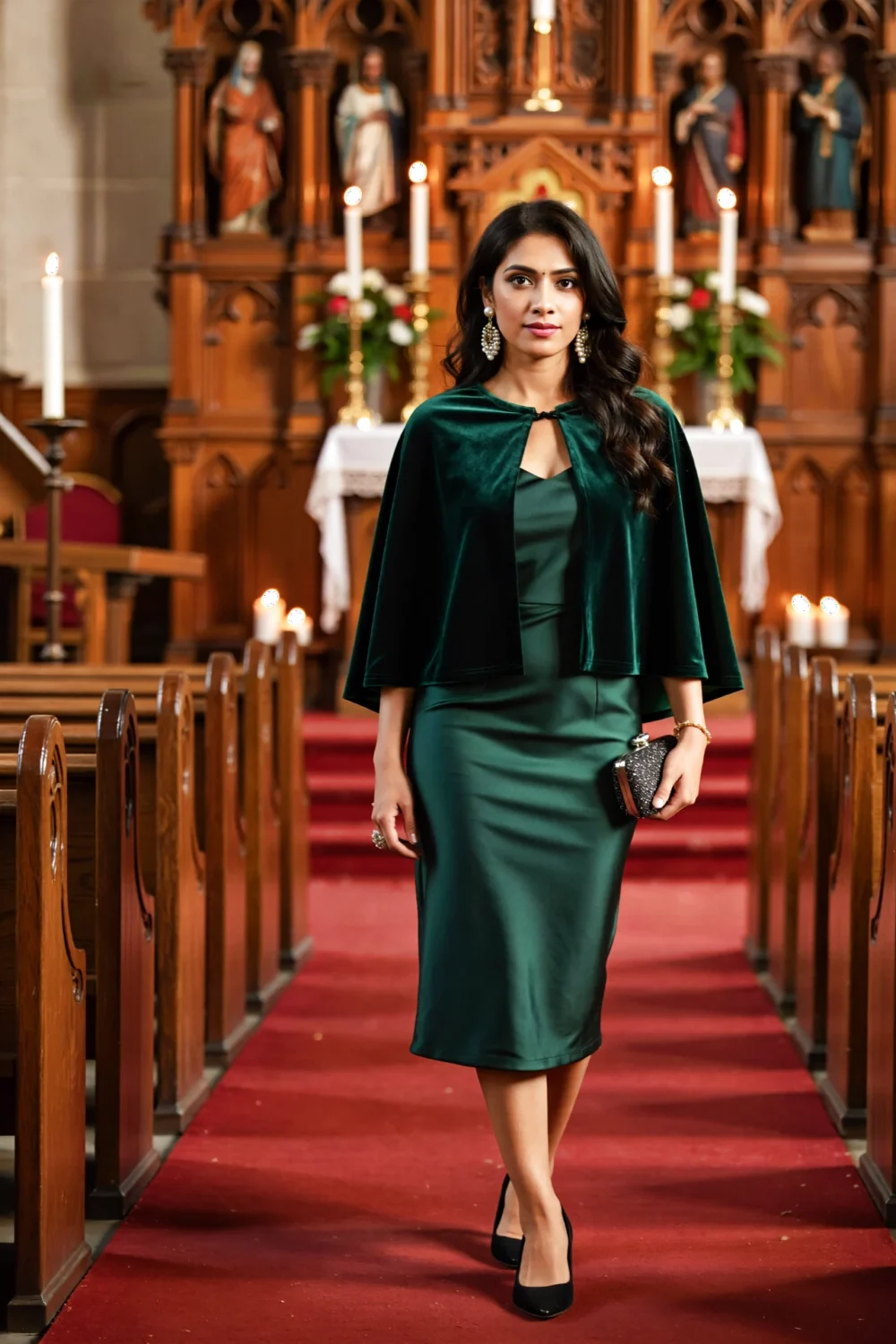 Woman in church aisle wearing emerald midi sheath with velvet cape overlay, classic pumps and pearl earrings for a winter wedding