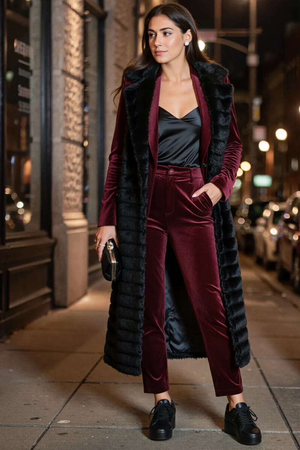 Woman in burgundy velvet suit with black silk cami, long faux-fur coat, clutch and sleek insulated sneakers on a night city street