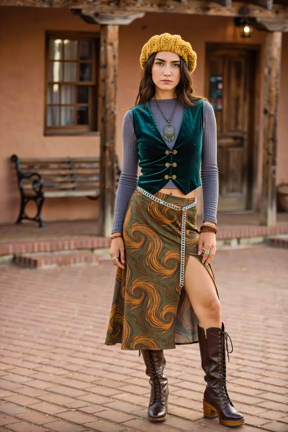 Boho outfit with velvet vest, swirl midi skirt, coin-chain belt and lace-up boots, styled with sage top and knit beret outdoors
