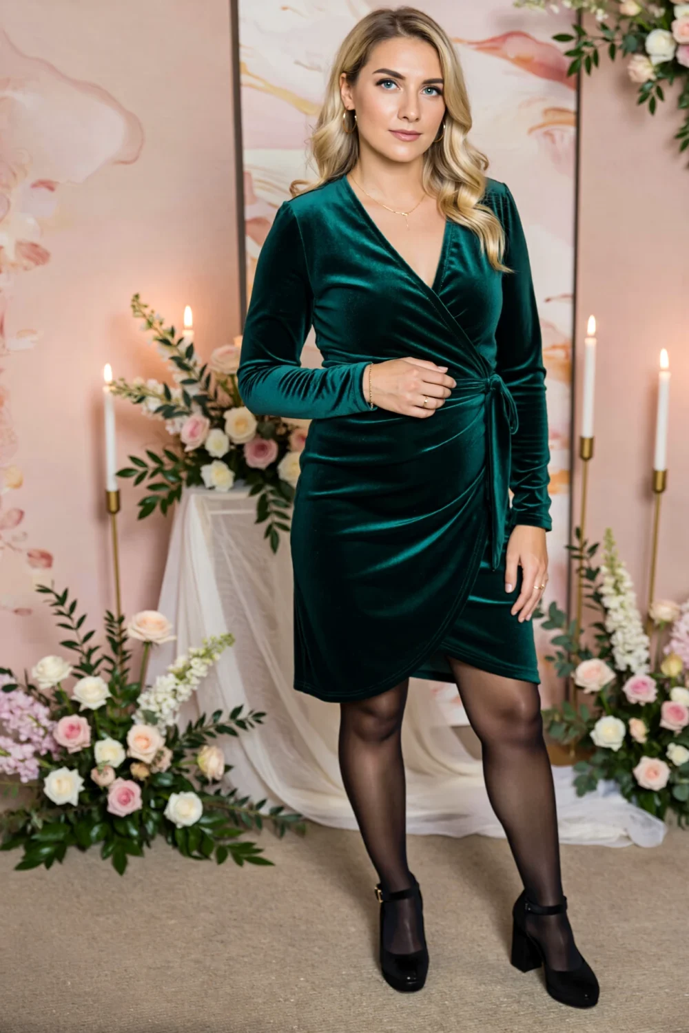 Woman in emerald velvet wrap dress with V-neck tie, opaque tights, block heels and minimal gold jewelry among floral candles, chic