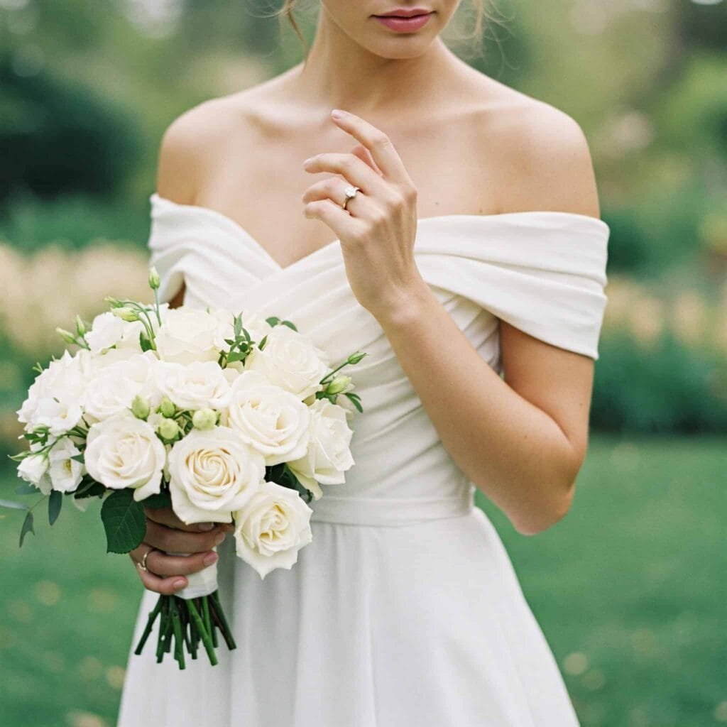 A close-up of a woman wearing an elegant off-the-shoulder dress, showcasing a vintage diamond inherited ring.